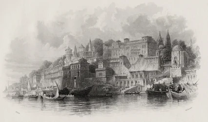 Benarés, India, grabado por A. Willmore (1814-88)